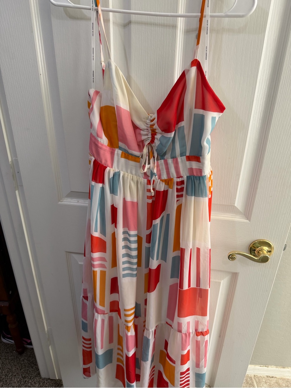 Abstract Print Spaghetti Strap Maxi Dress - White/Pink/Red
